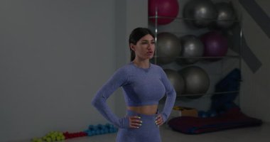 Odaklanan atletik kız iyi donanımlı bir spor salonunda sağa sola eğiliyor. Çevrede çeşitli fitness ekipmanları ve egzersiz topları bulunur. Spor rutinine kendini adamış..