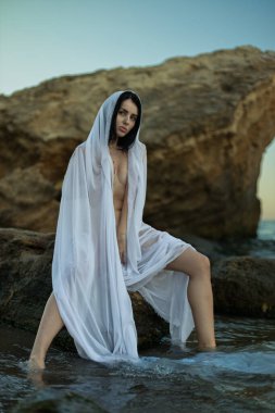 Dalgalı beyaz bir elbise giymiş güzel esmer kadın durgun deniz sularında duruyor. Bakire Meryem 'in görüntüsünü andırıyor. Kayalık bir şekil ve gün batımı manzarası.