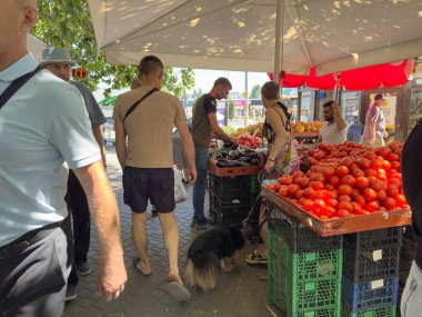 UA Odesa Vladyslav Buwalkin St. 13 Temmuz 2025 'te, açık hava pazarındaki taze meyvelere göz atıyorlar.