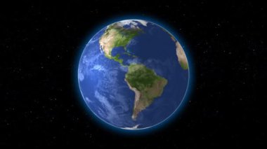Dünya Gezegeni 3 boyutlu çizim. Gezegen hareketli dünya haritasıyla güneş ışığıyla aydınlandı.