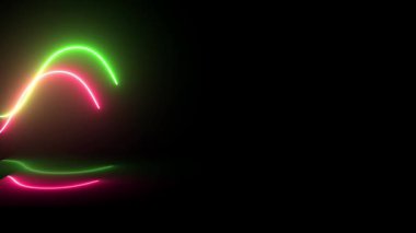 3D görüntüleme, soyut panoramik arkaplan, yansımalı gerçekçi neon yeşil ve kırmızı dalga. Neon ışığı, lazer gösterisi, dürtü, dengeleyici şeması, ultraviyole spektrum, titreşim güç hatları ve güzel video..