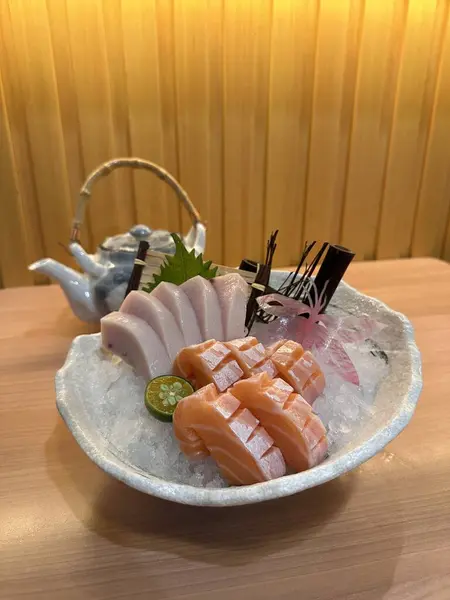 Closeup Assorted Sashimi Salmon Swordfish Belly Teapot Background Top View — Stock Photo, Image