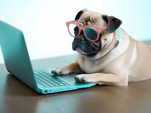Cute pug dog with glasses. Concept and idea of pet gamer, programmer or national pet day.