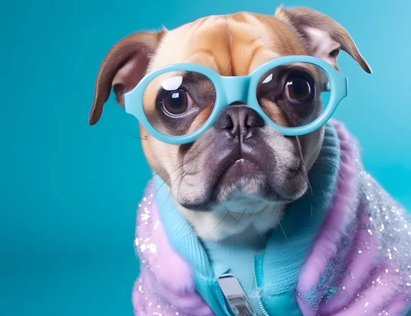 Portrait of a pug dog with the fashionable dressing, wearing eyeglasses