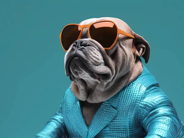 Portrait of a bull dog with the fashionable dressing, wearing eyeglasses