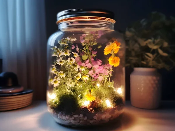 Plants and flowers in the glass container. Garden miniature.