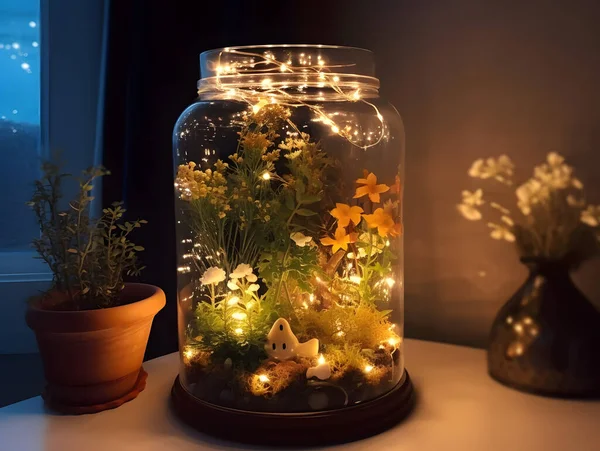 Plants and flowers in the glass container. Garden miniature.