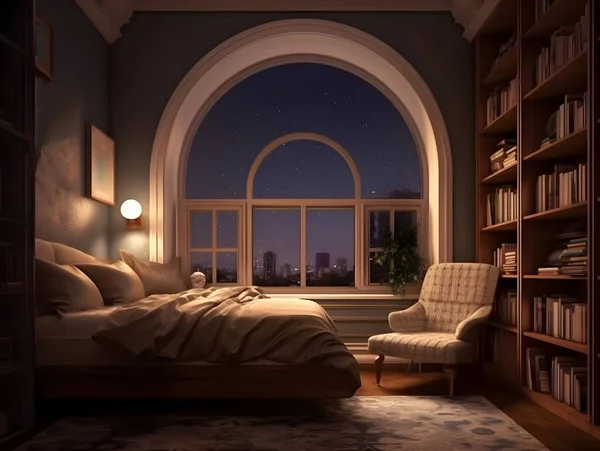 Modern bedroom decorated with bookshelves and beautiful large window.