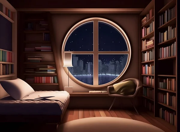 Modern bedroom decorated with bookshelves and beautiful large window.