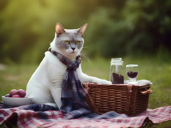 Fashionable cat enjoying picnic trip in the green land. Shallow depth of field.