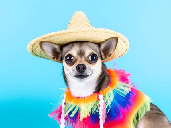 Adorable chihuahua dog with mexican sombrero hat. Cinco De Mayo fashion.