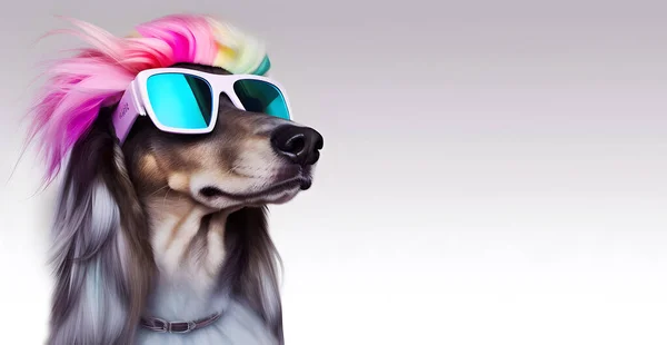 Fashionable Afghan hound dog wearing the sunglasses in fairy kei style.