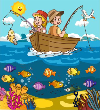 Çocuklar deniz karikatür vektöründe balık tutuyor.