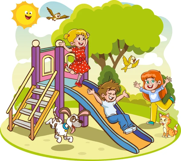 Vektor Ilustrasi Anak Anak Bahagia Bermain Taman Bermain - Stok Vektor