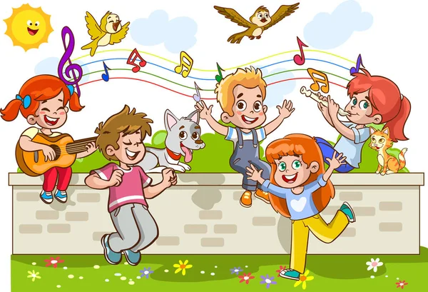 Παιδιά Παίζουν Στον Τοίχο Και Τραγουδούν — Διανυσματικό Αρχείο