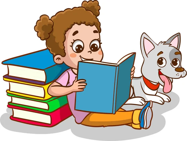 Cute Little Children Reading Book Cartoon Vector — Stock Vector