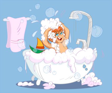 Güzel bir kız banyo yapıyor ve elini sallıyor.