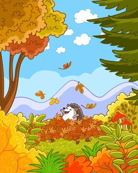 Cartoon Illustration Happy Hedgehog Forest Background — Stock Vector