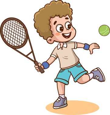 Tenis oynayan sevimli çizgi film çocuğu. vektör illüstrasyonu
