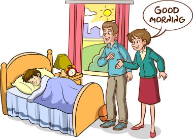 Çocuklar uyuyor ve uyanıyor. İnsanlar günaydın ve iyi geceler diyor.