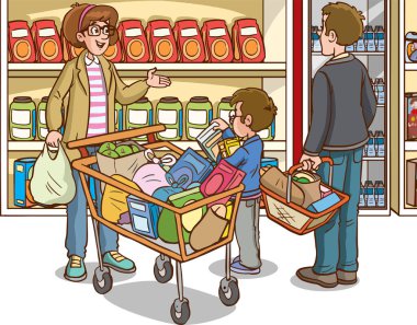 Çizgi film süpermarketinden aile alışverişi.