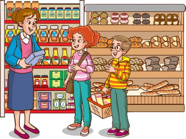 Bir süpermarkette anne ve kızının çizimi.