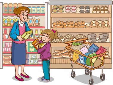 Bir anne ve kızın süpermarketten alışveriş edişinin resmi.