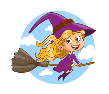 Uçan süpürgesi ve uçan değneği olan çizgi film cadısının vektör çizimi