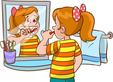 Dişlerini fırçalayan küçük bir kızın karikatür çizimi