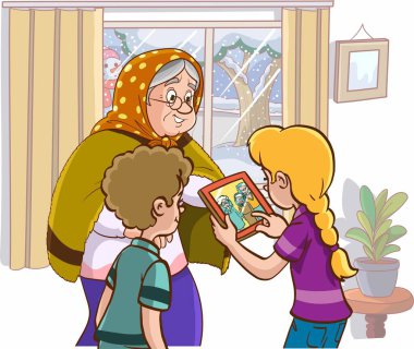 Mutlu bir büyükanne ve kitabı birlikte okuyan bir çocuğun vektör çizimi.