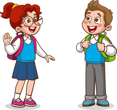 Mutlu şirin çocuklar birbirleri ile konuşuyorlar. Küçük çocuk arkadaşına merhaba de ve birlikte okula git.