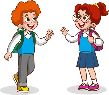 Mutlu şirin çocuklar birbirleri ile konuşuyorlar. Küçük çocuk arkadaşına merhaba de ve birlikte okula git.