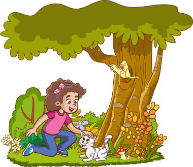 Çizgi film kızı ve kedi yavrusu vektörü