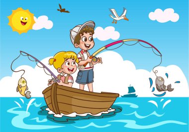 Çocuklar deniz karikatür vektöründe balık tutuyor.