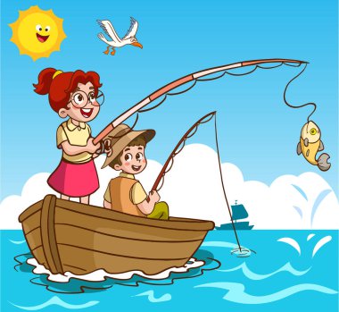 Çocuklar deniz karikatür vektöründe balık tutuyor.
