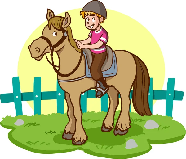 Piccolo Carino Ragazzo Equitazione Cavallo — Vettoriale Stock