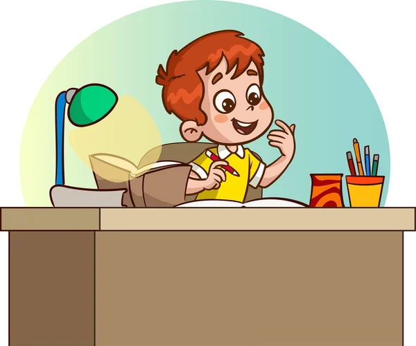 Pequeño Lindo Chico Estudiando Escritorio Vector Dibujos Animados — Vector de stock