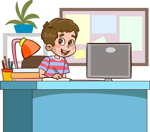 Niños Lindos Felices Estudiando Computadora Mesa — Archivo Imágenes Vectoriales
