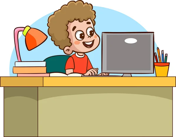 Niños Lindos Felices Estudiando Computadora Mesa — Archivo Imágenes Vectoriales
