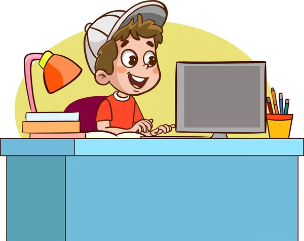 Счастливые Милые Дети Учащиеся Компьютером — стоковый вектор