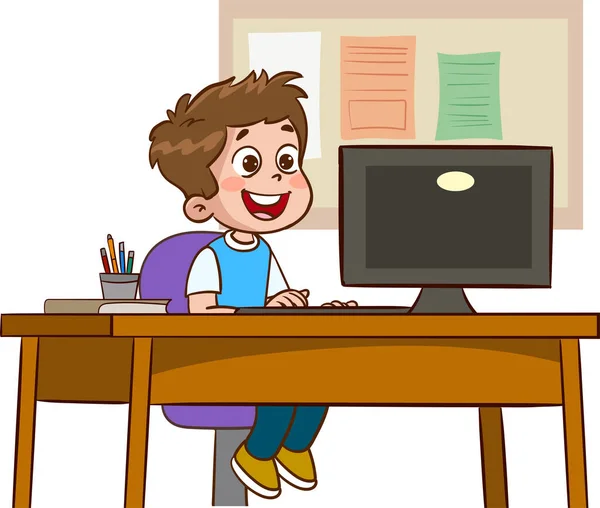 Χαρούμενα Χαριτωμένα Παιδιά Που Σπουδάζουν Στον Υπολογιστή Στο Τραπέζι — Διανυσματικό Αρχείο