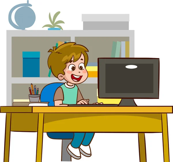 Χαρούμενα Χαριτωμένα Παιδιά Που Σπουδάζουν Στον Υπολογιστή Στο Τραπέζι — Διανυσματικό Αρχείο