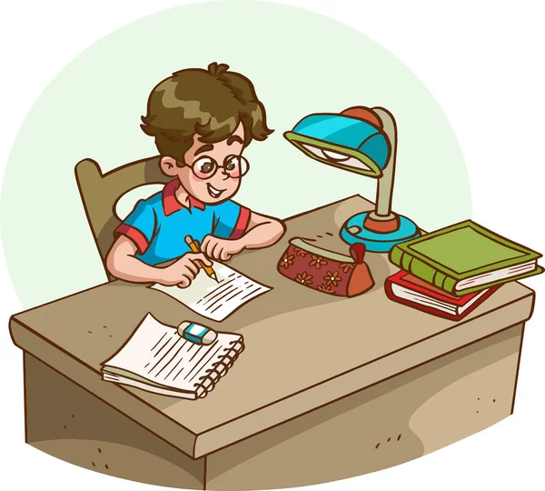 Liten Söt Pojke Studerar Vid Skrivbordet Tecknad Vektor — Stock vektor