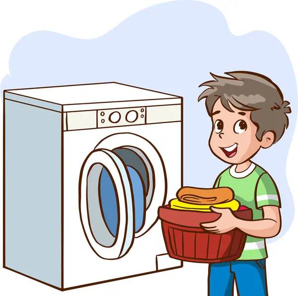 Menino Máquina Lavar Frente Desenho Animado Personagem Ilustração — Vetor de Stock