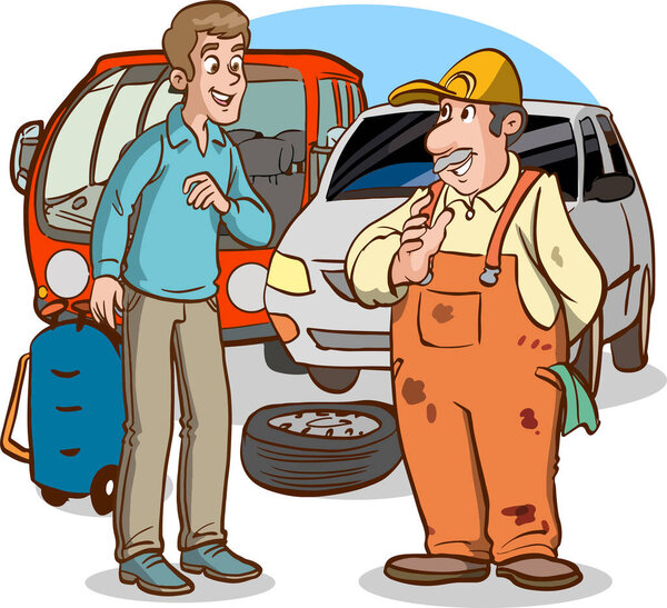 cartoon of mechanic with driver and mechanic