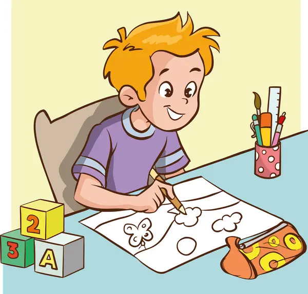 Ein Glücklicher Junge Zeichnet Einen Bleistift Und Buntstift Illustration — Stockvektor