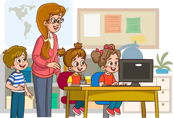 Преподаватель Детьми Компьютерной Иллюстрацией — стоковый вектор