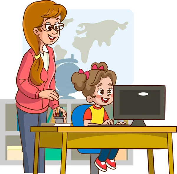 Kobieta Kreskówki Matką Komputerem Kształcenie Uczenie Się Koncepcja Uczenia Się — Wektor stockowy