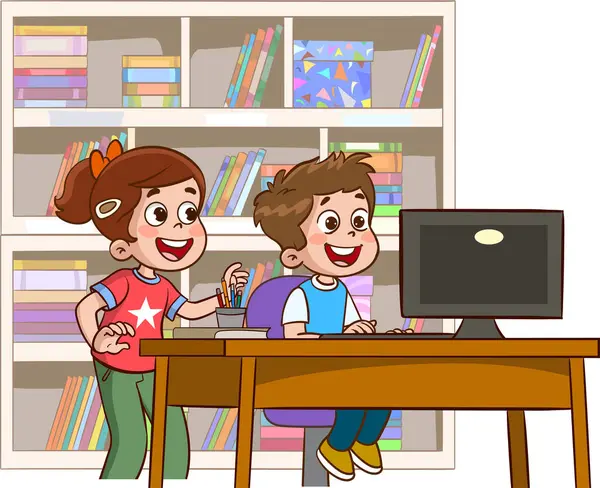 コンピュータで宿題をする子供たち — ストックベクタ