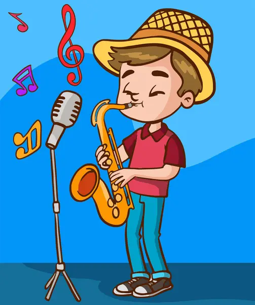 Jongen Saxofoon Spelen — Stockvector